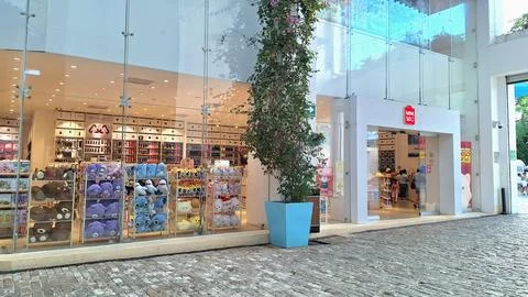 Miniso store front view in Playa del Carmen street. Stock Photos