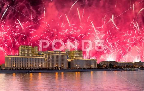 Ministry of Defence of the Russian Federation and celebratory fireworks,Moscow Stock Photos