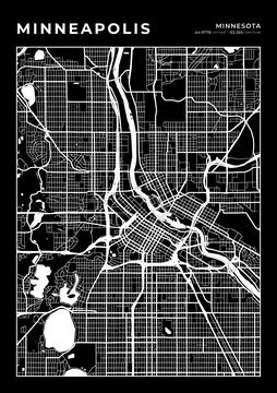 Minneapolis Map Wall Art Frame, Cartography Map Print, City Layout Map Stock Illustration