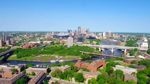 Minneapolis Minnesota Skyline, Sunny Day, Aerial Drone 4K Stock Footage