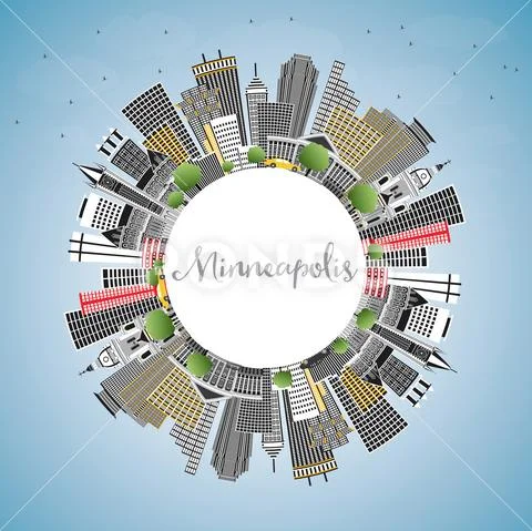 Minneapolis Minnesota USA Skyline with Color Buildings, Blue Sky and Copy Spa Stock Illustration