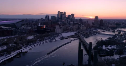 Minneapolis Skyline from the Mississippi River - Aerial View - 4K+ Stock Footage