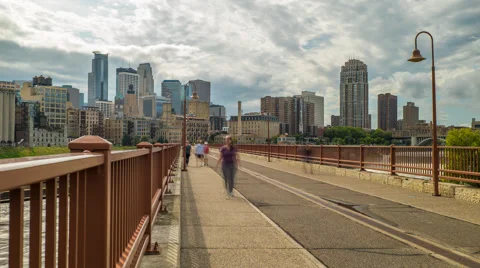 Minneapolis Skyline Stone Arch Bridge Time Lapse Logos Removed 4K 1080p Stock Footage 67378931