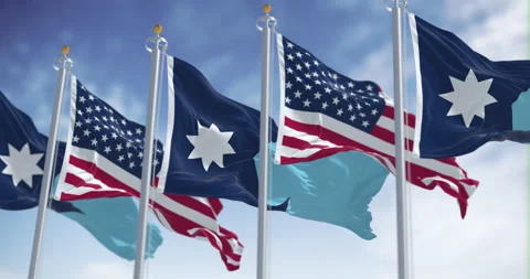 Minnesota and USA flags waving on a clear day Stock Footage 337652271
