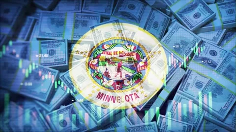 Minnesota Flag on Economic Background With Decrease Bar Chart Graph And Arro 库存影片 320971677
