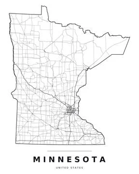 Minnesota MN Map Counties Highways Roads Black White Editable Vector Stock Illustration