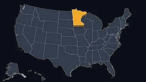 Minnesota Raised in 3D on US Election Map Teal and Amber Highlight, Black Stock Illustration