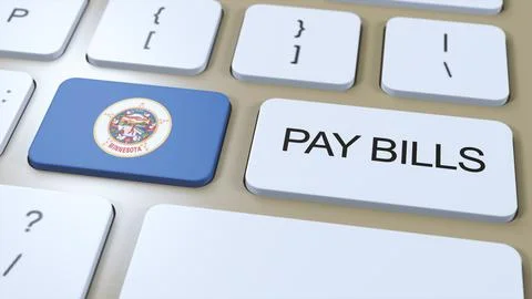 Minnesota State Flag and Pay Bills Text on Button 3D Illustration Illustrazione stock
