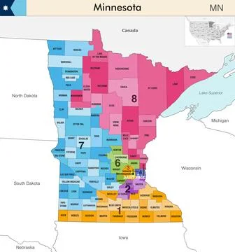 Minnesota state map with counties borders and congressional districts Stock Illustration