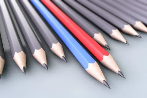 Minority and majority concept. Two colored pencils among gray pencils. Foto stock