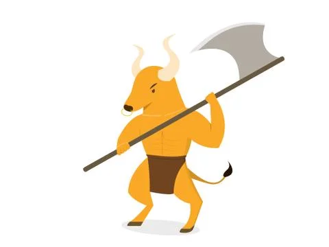 Minotaur with axe polearms in flat vector art Stock Illustration