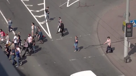 Minsk belarus 05.05.2018 Top down people cross road aerial. Stock Footage 280683215
