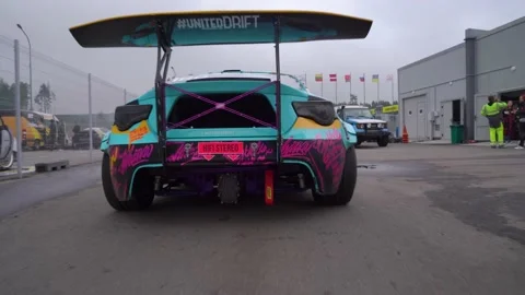 MINSK, BELARUS, August 29, 2021: Drift Car With Huge Spoiler Rides Tech Park Stock Footage 162656589