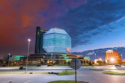 Minsk, Belarus. Day To Night Time Lapse Time-lapse Transition National Library Stock Footage