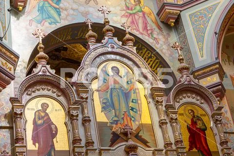 Minsk, Belarus - June, 2019. Close-up of icon of Jesus Christ and other saints Stock Photos