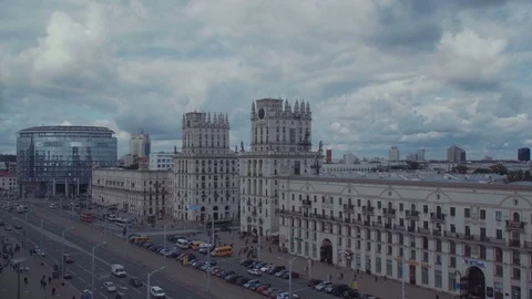 MINSK, BELARUS - MARCH 2017: Two towers on Railway station square known as "City Stock Footage 80972484