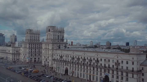 MINSK, BELARUS - MARCH 2017: Two towers on Railway station square known as "City Stockbeeldmateriaal 80972683