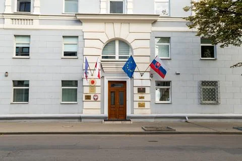 Minsk, Belarus. The neoclassical facade of a shared diplomatic building, it.. Stock Photos