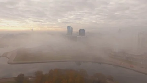 Minsk city center sunrise foggy sky cityscape aerial panorama 4k belarus Stock Footage