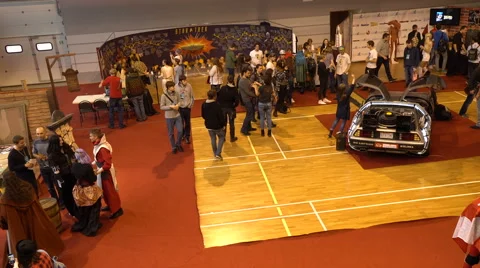 Minsk, October 2016, belarus Comic Con, People Walking Aerial View Pan Shot. Stock Footage 68983240