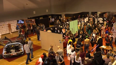 Minsk, October 2016, belarus Comic Con, People Walking Aerial View Pan Shot. Stock Footage 68984277