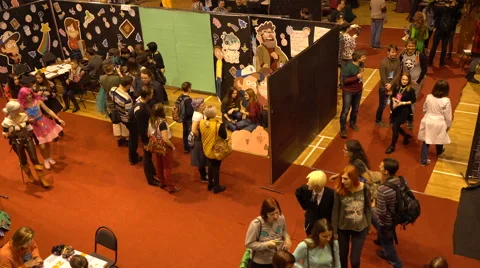 Minsk, October 2016, belarus Comic Con, People Walking Aerial View Pan Shot. Stock Footage 68984679
