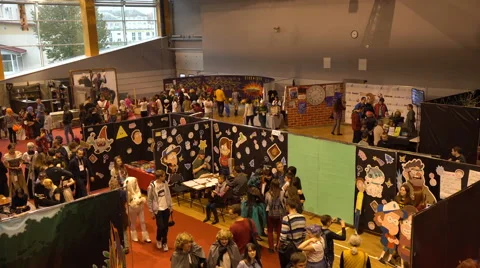 Minsk, October 2016, belarus Comic Con, People Walking Aerial View Pan Shot. Stock Footage 68985153