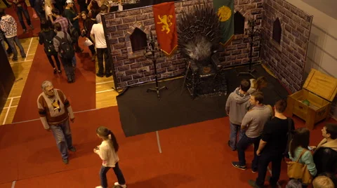 Minsk, October 2016, belarus Comic Con, People taking photo at the Iron Throne Stock Footage 69025847