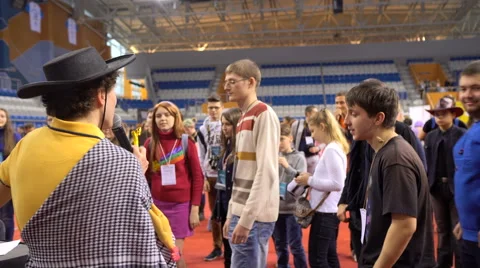 Minsk, October 2016, belarus Comic Con, Leader playing with people in Simon says Stock Footage 69027072