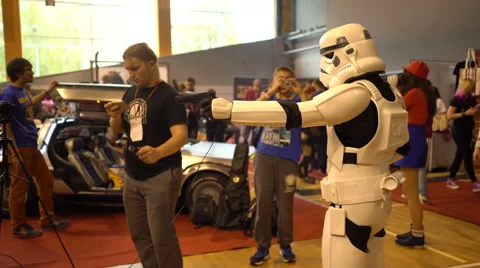 Minsk, October 2016, belarus Comic Con. Storm trooper from star wars is playing Stock-Footage 69028434