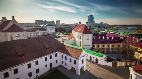 Minsk sunny day city center main cathedral church panorama 4k time lapse Stock Footage