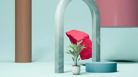 Mint arc, pink stone and palm tree Round podium display on the teal background Stock Illustration