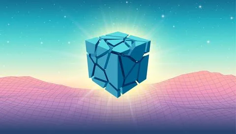 Mint blue 3D cube with cracks and particles soaring over the pink landscape in Stock Illustration