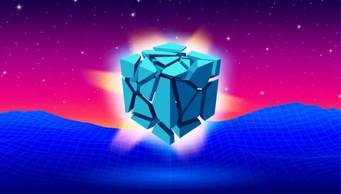 Mint blue 3D cube with cracks and particles soaring over the pink landscape in Stock Illustration