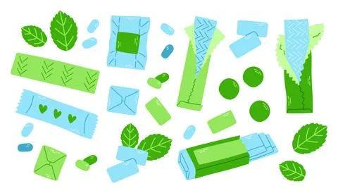 Mint bubble gum set. Isolated bubble gum in foil packages. Pads, balls and roll Ilustración de archivo