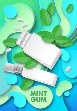 Mint chewing gum ads template, vector illustration. Pad and slab bubble gum Stock Illustration