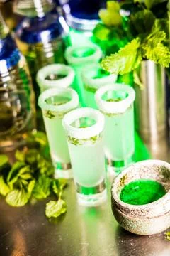 Mint Cocktail Shots with Sugar Rim Stock Photos