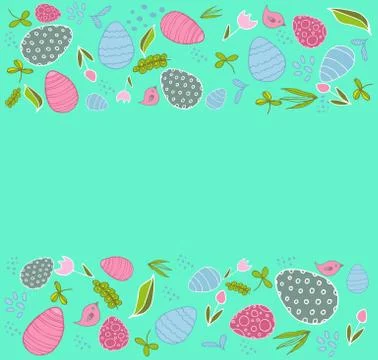 Mint color easter background with eggs and spring flowers Stock Illustration