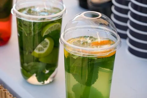 Mint Drinks with Citrus in Clear Cups Stock Photos
