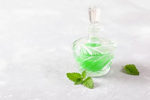 The mint extract in a jar. Copy space. Stock Photos