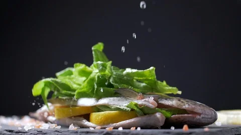 Mint falls on fish trout. Slow motion Stock Footage 105345800