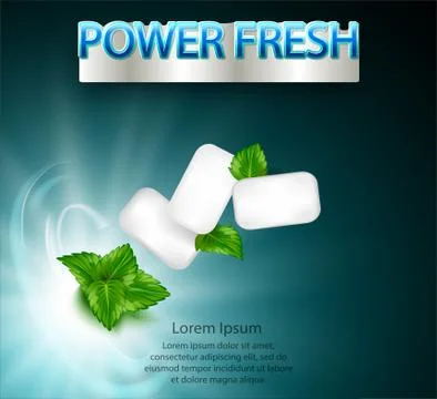 Mint flavor gum ad with leaf mint on light blue background, 3d Illustrazione stock