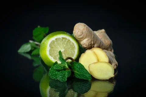 Mint, ginger and lemon Stock Photos