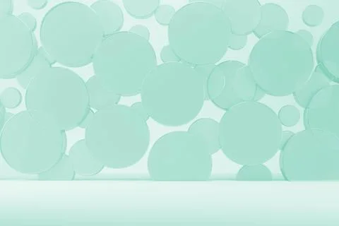 Mint green abstract stage mockup with flying transparent glass circles, copy  Stock Illustration