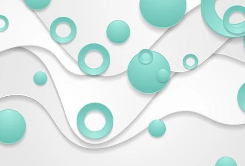 Mint green and grey paper waves with circles abstract tech background Stock-Illustration