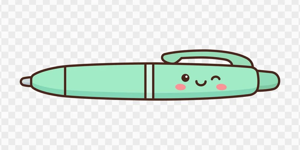 Mint green ballpoint pen vector illustration featuring a cute kawaii winkin.. Stock Illustration