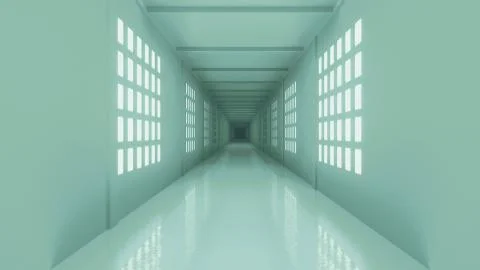 Mint green corridor with bright windows 3d render Stock Illustration