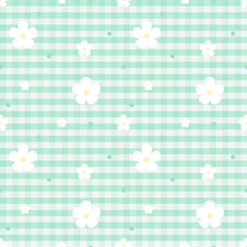 Mint Green Gingham Floral Seamless Pattern with Simple White Flowers Stock Illustration