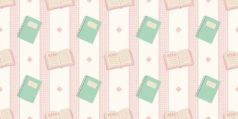 Mint green notebooks beige open books pink stripes seamless pattern Illustrazione stock