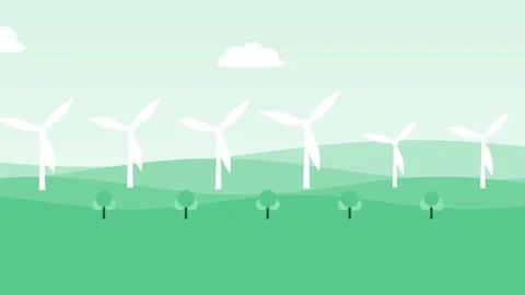 Mint green paper cut hills with wind turbines animation Eco Motion Background Stock Footage 346228464